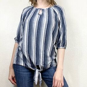 Rain Chambray Blue Striped Knot Hem Half Sleeve Blouse